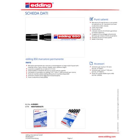 Marcatore permanente edding 850 punta scalpello 5-15 mm nero E-850 001